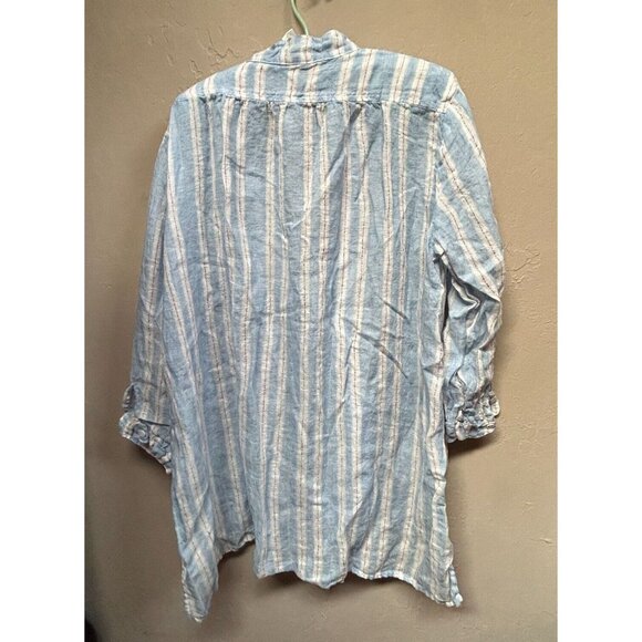 CP Shades Wash Striped Linen Split Neck Tunic Top Medium Blue White 1058-419 New - Picture 2 of 8
